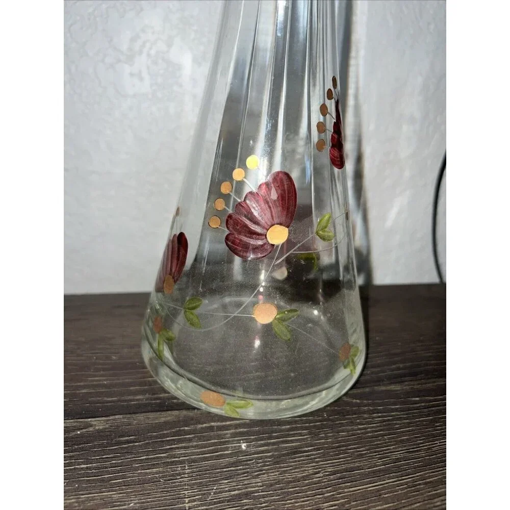 Hand Painted Glass Carafe with Cap, Decanter Vintage Romania Flowers Italy